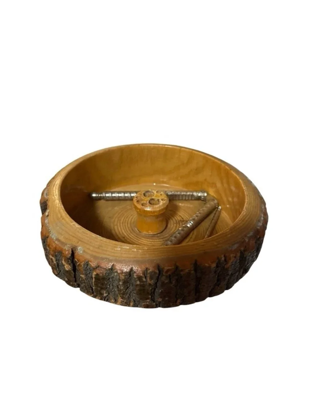 *Vintage Bark Nut Bowl Round Wooden Picks Nut Crackers Rustic Retro